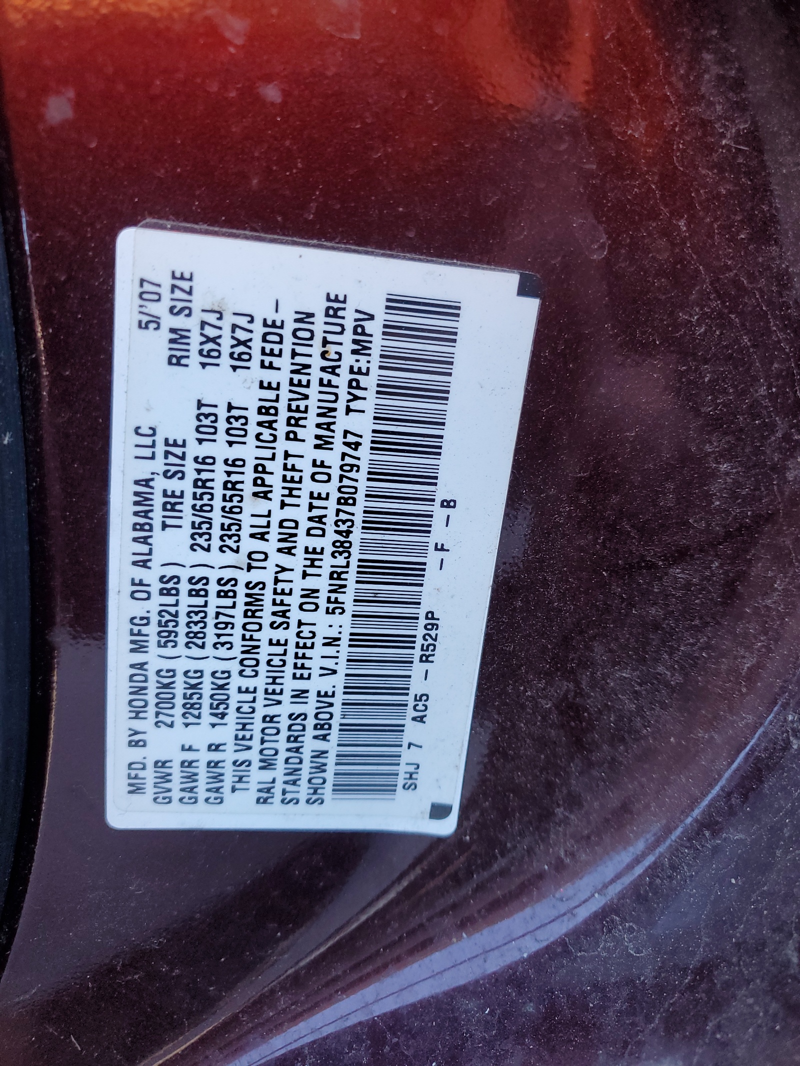 5FNRL38437B079747 2007 Honda Odyssey Ex