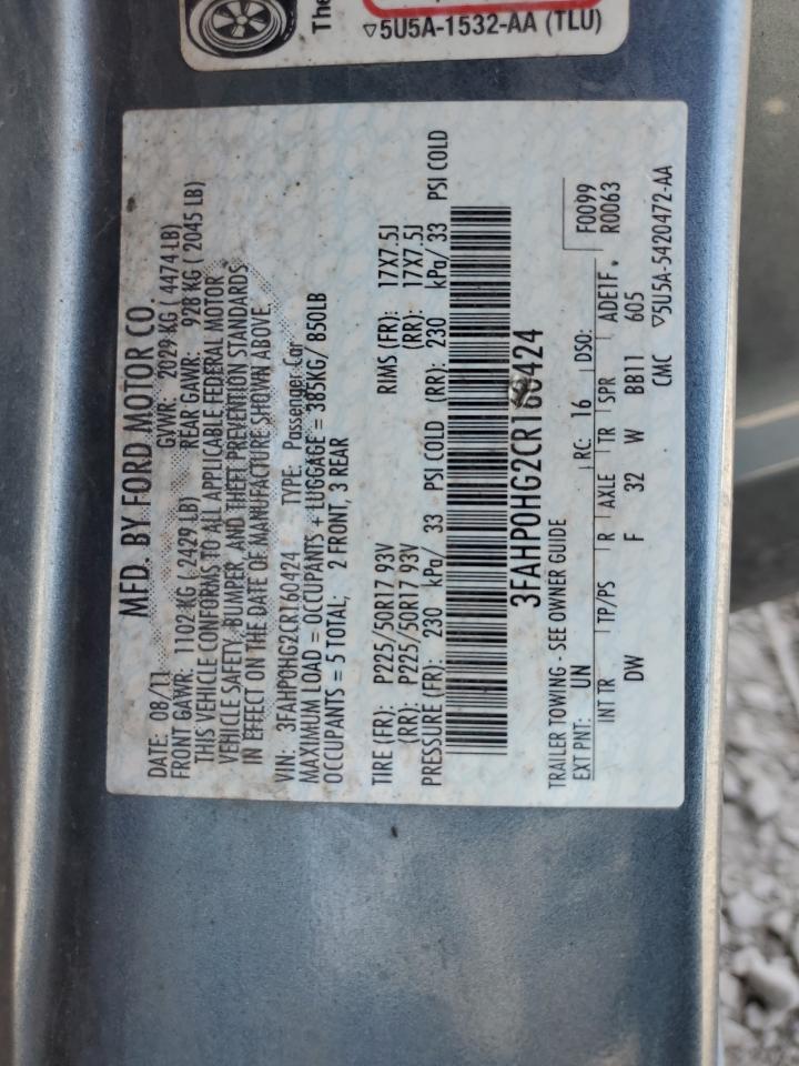 2012 Ford Fusion Se VIN: 3FAHP0HG2CR160424 Lot: 60461864