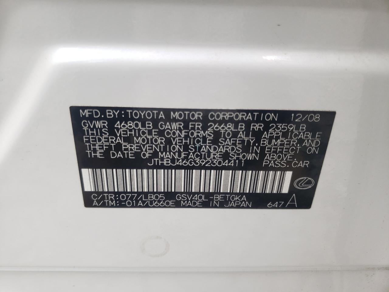 2009 Lexus Es 350 VIN: JTHBJ46G392304411 Lot: 65162694