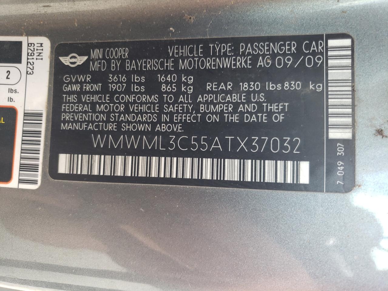 2010 Mini Cooper Clubman VIN: WMWML3C55ATX37032 Lot: 63806594