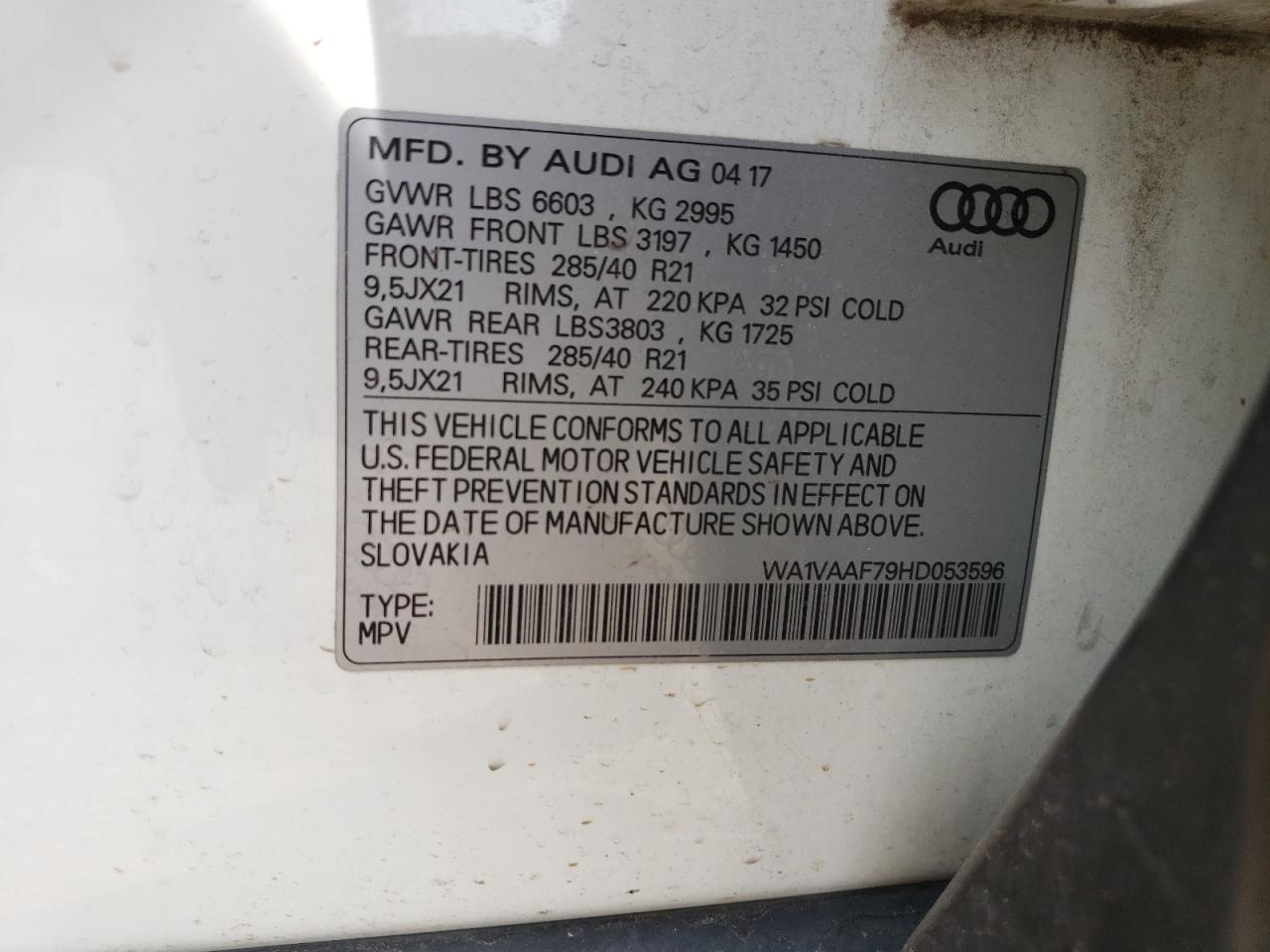 2017 Audi Q7 Prestige VIN: WA1VAAF79HD053596 Lot: 64419914