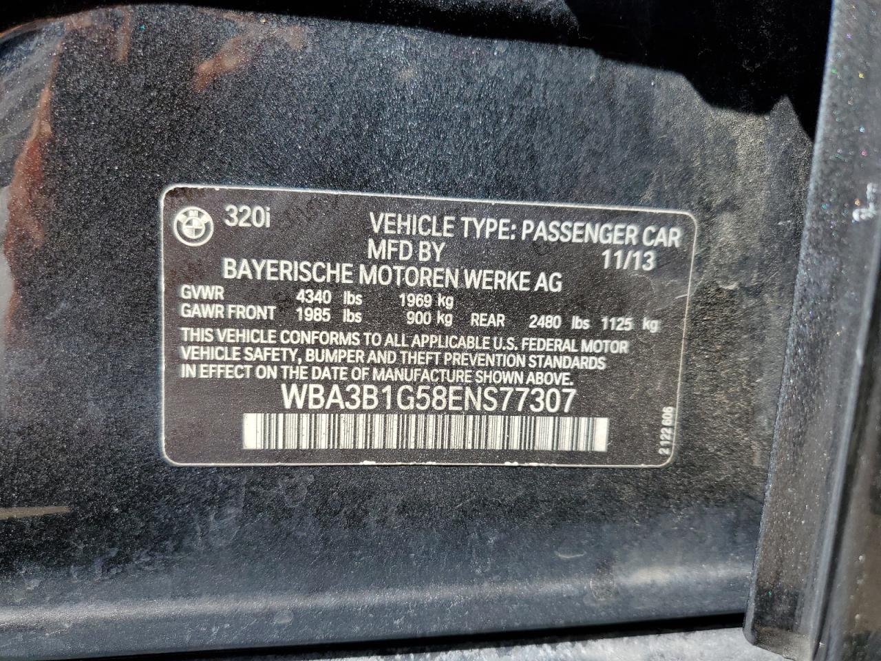 2014 BMW 320 I VIN: WBA3B1G58ENS77307 Lot: 64648134