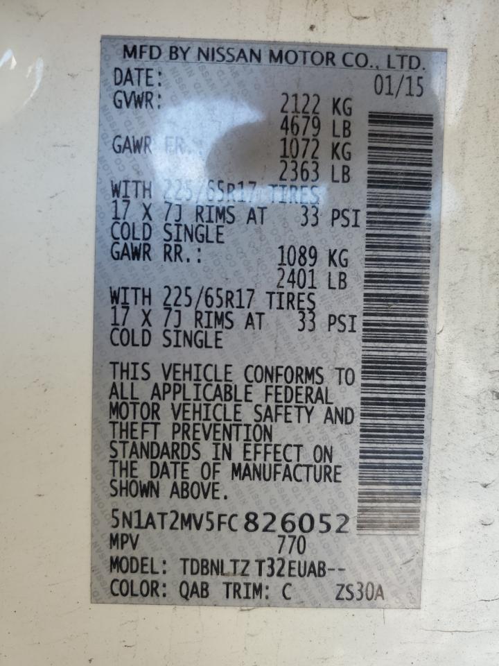 2015 Nissan Rogue S VIN: 5N1AT2MV5FC826052 Lot: 61042214