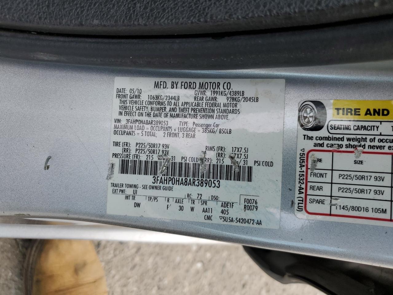 2010 Ford Fusion Se VIN: 3FAHP0HA8AR389053 Lot: 62688414