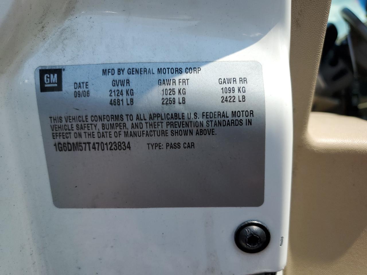 2007 Cadillac Cts VIN: 1G6DM57T470123834 Lot: 63286984