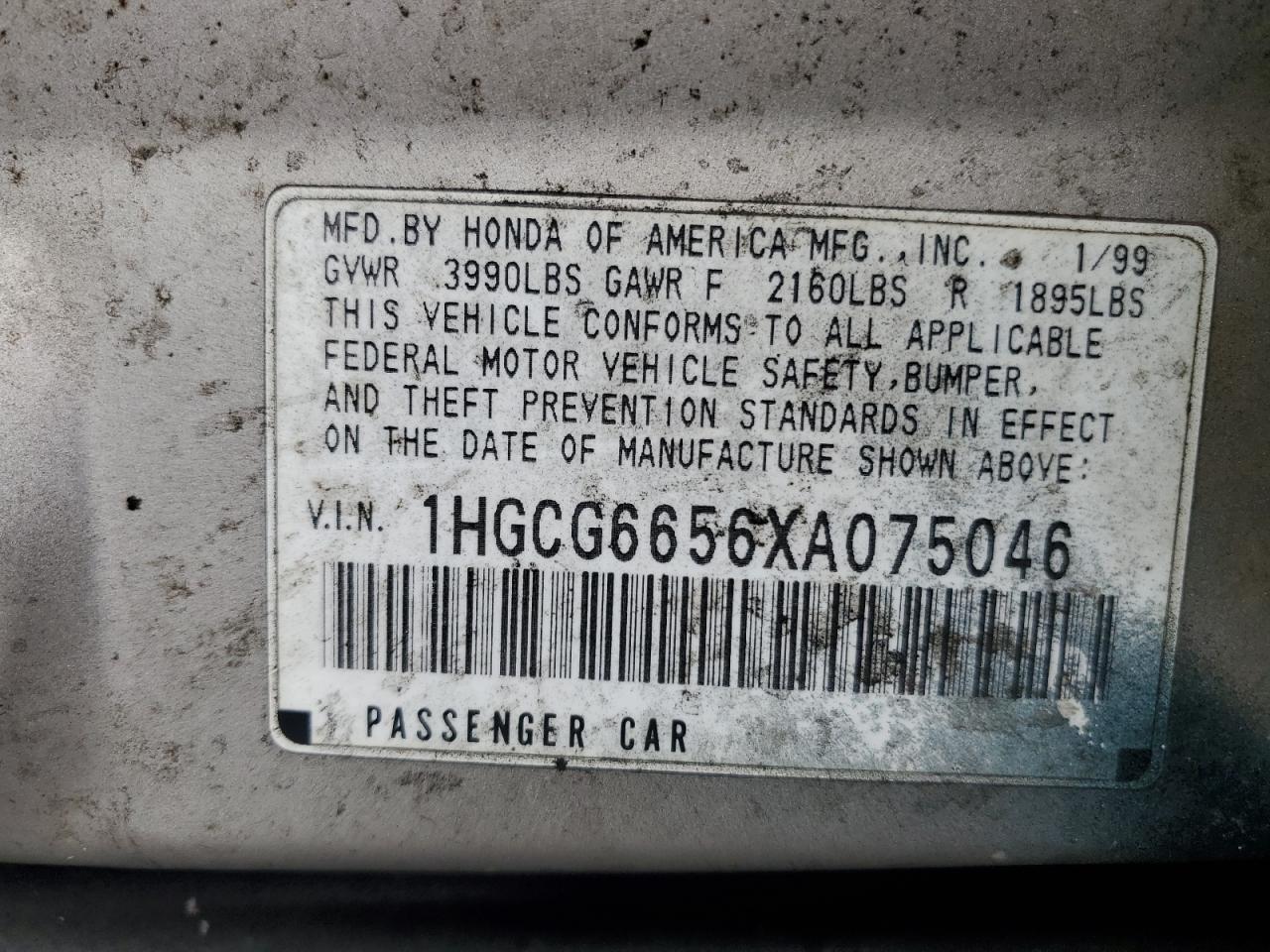 1999 Honda Accord Lx VIN: 1HGCG6656XA075046 Lot: 63262364