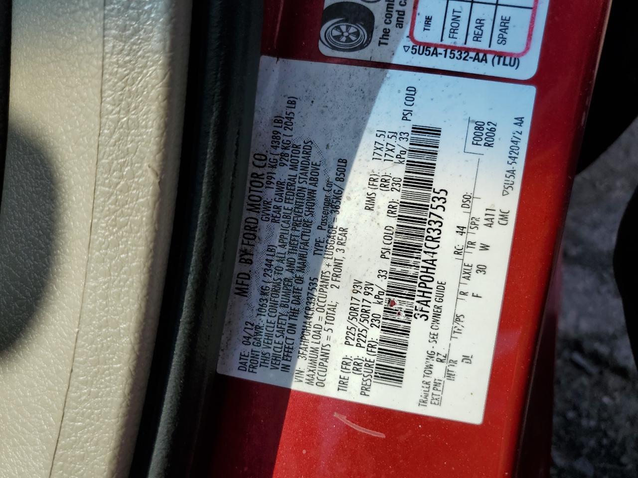 2012 Ford Fusion Se VIN: 3FAHP0HA4CR337535 Lot: 64616794