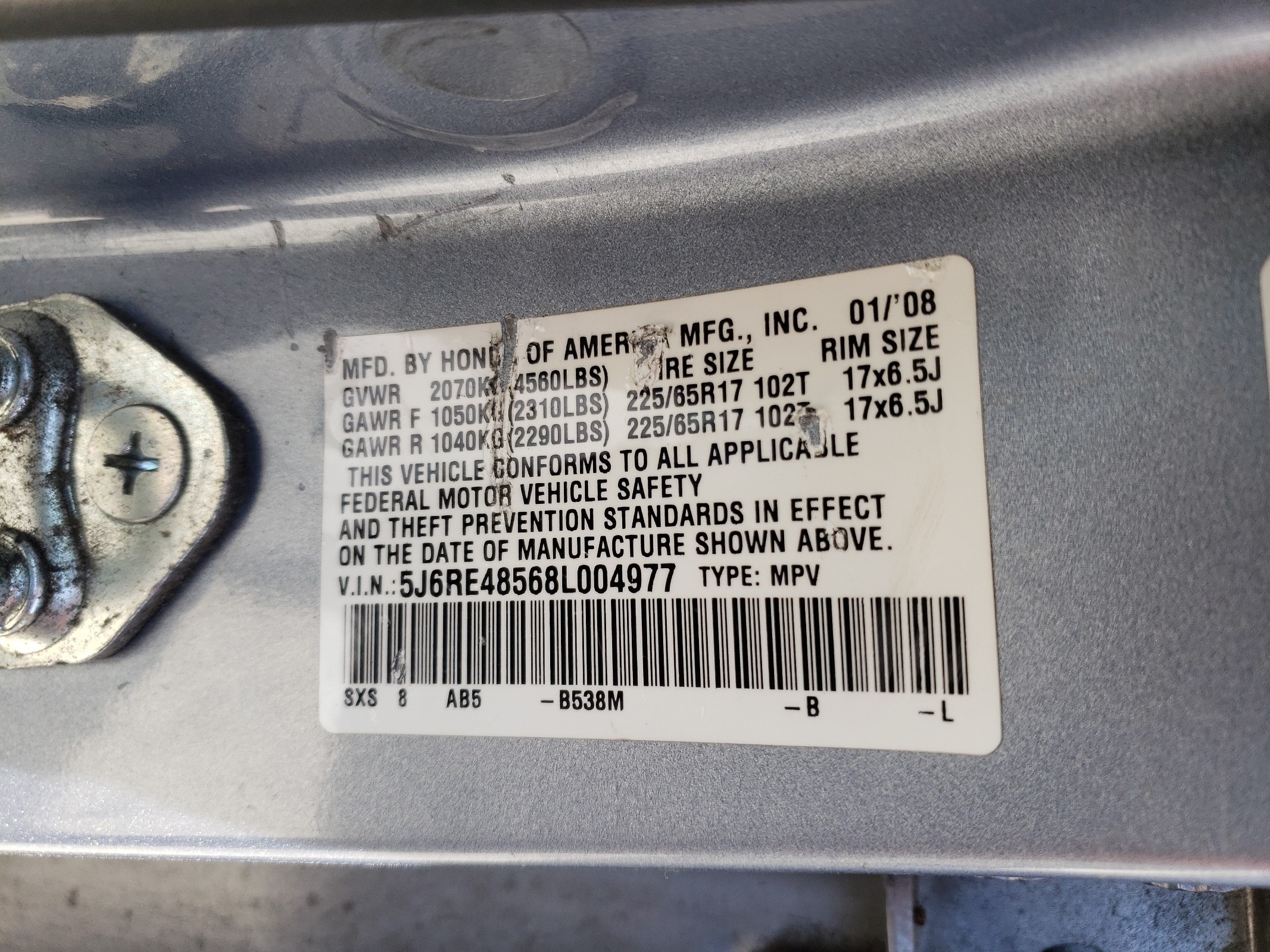 5J6RE48568L004977 2008 Honda Cr-V Ex