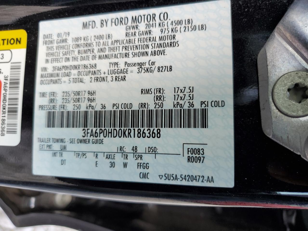 3FA6P0HD0KR186368 2019 Ford Fusion Se