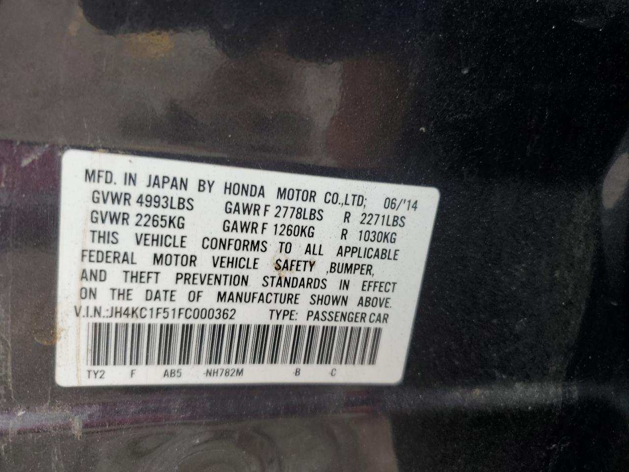 2015 Acura Rlx Tech VIN: JH4KC1F51FC000362 Lot: 64108584