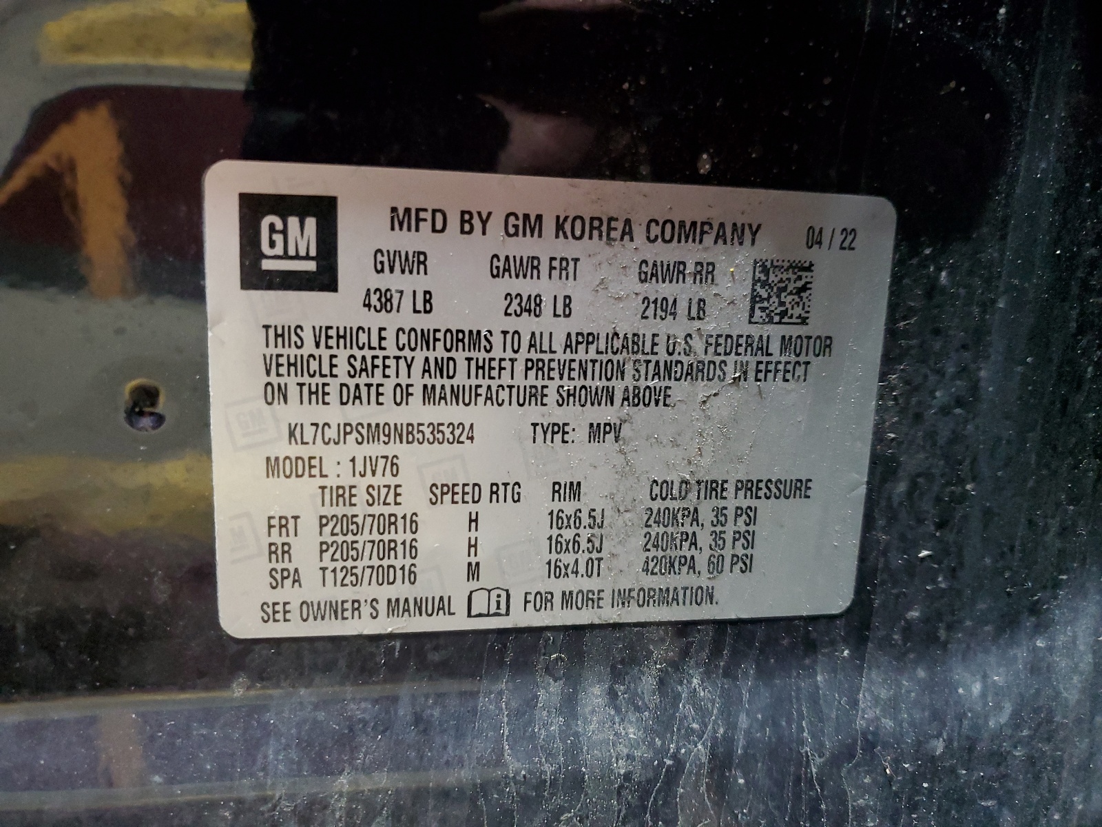 KL7CJPSM9NB535324 2022 Chevrolet Trax 1Lt