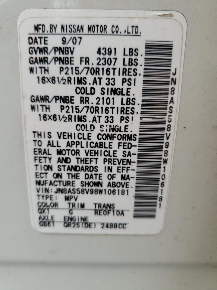 2008 Nissan Rogue S VIN: JN8AS58V98W106181 Lot: 64747384