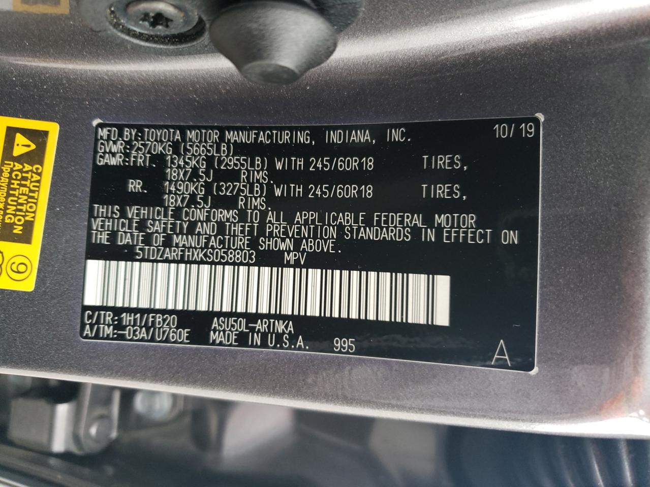 2019 Toyota Highlander Le VIN: 5TDZARFHXKS058803 Lot: 63292644