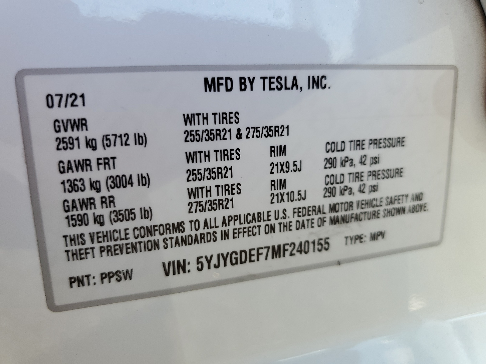 5YJYGDEF7MF240155 2021 Tesla Model Y