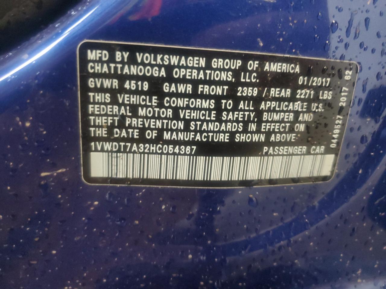 2017 Volkswagen Passat R-Line VIN: 1VWDT7A32HC054367 Lot: 61937774