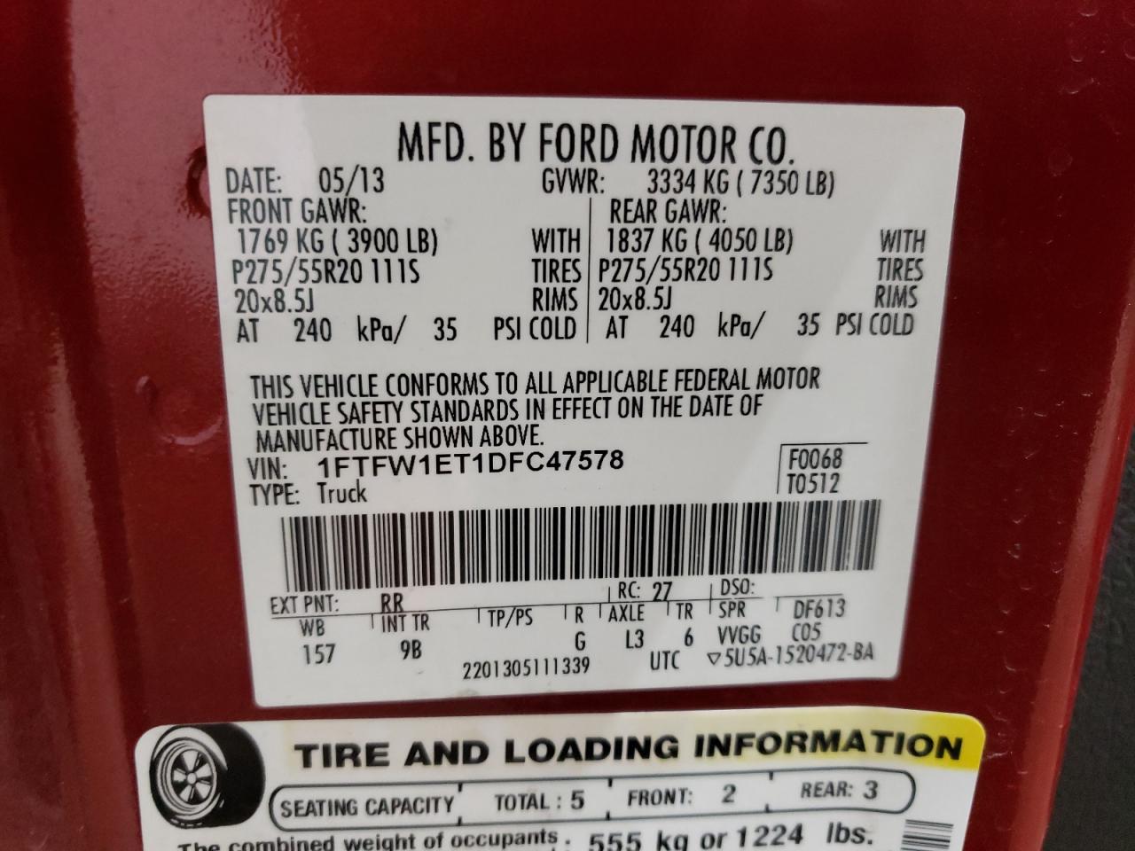 1FTFW1ET1DFC47578 2013 Ford F150 Supercrew