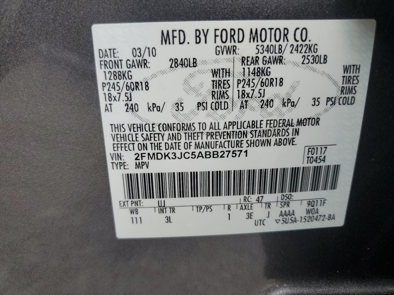 2010 Ford Edge Sel VIN: 2FMDK3JC5ABB27571 Lot: 64569694