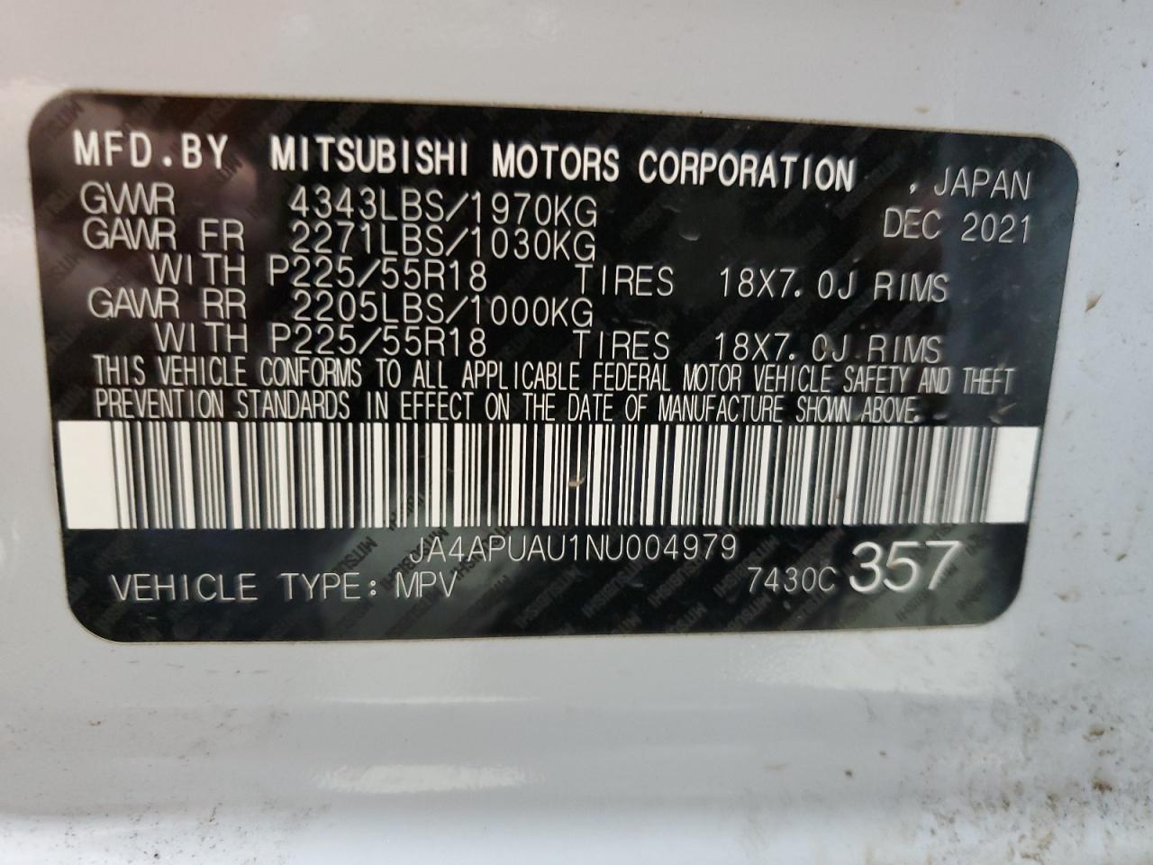 2022 Mitsubishi Outlander Sport Es VIN: JA4APUAU1NU004979 Lot: 62407444