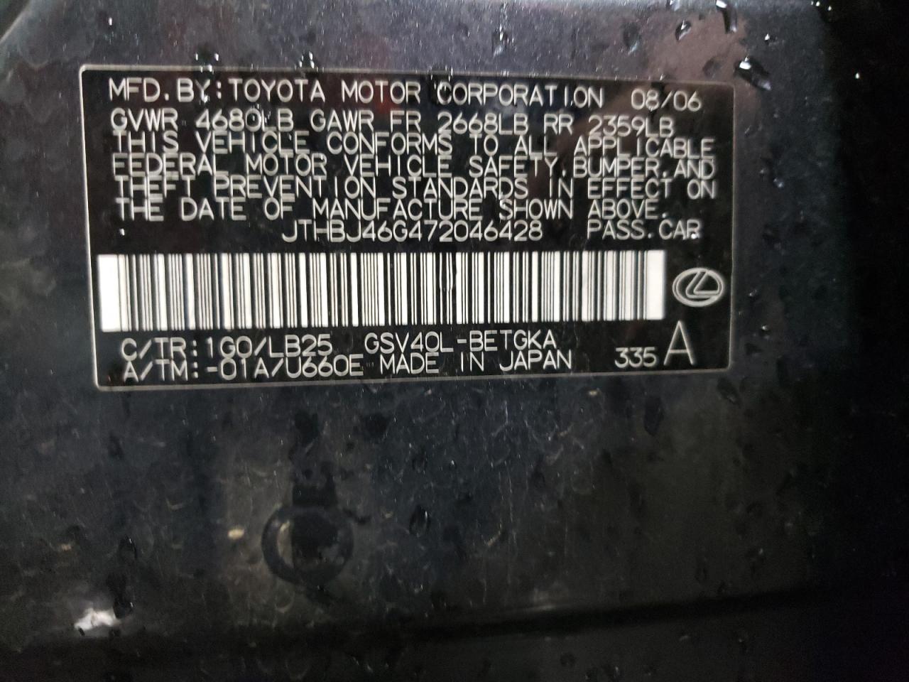 2007 Lexus Es 350 VIN: JTHBJ46G472046428 Lot: 64795444