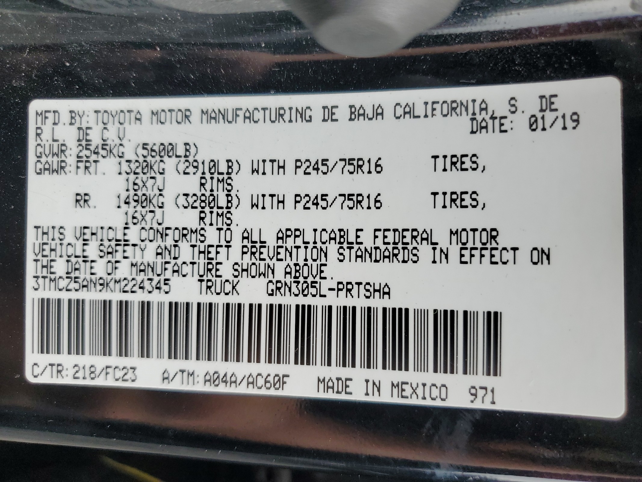 3TMCZ5AN9KM224345 2019 Toyota Tacoma Double Cab