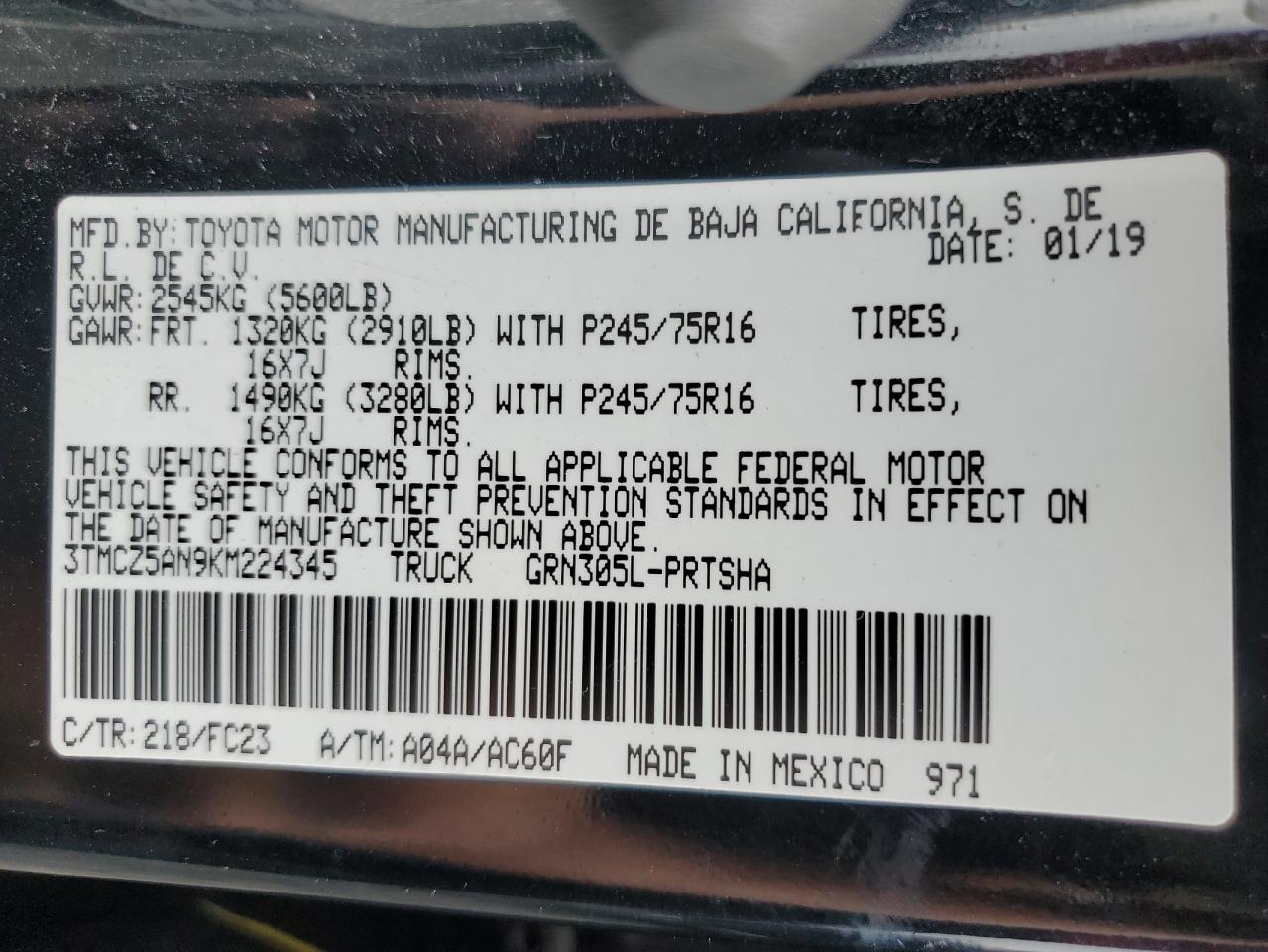 2019 Toyota Tacoma Double Cab VIN: 3TMCZ5AN9KM224345 Lot: 64382174