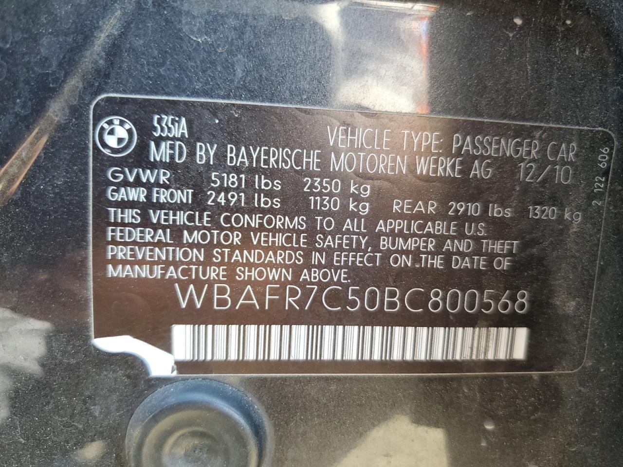 2011 BMW 535 I VIN: WBAFR7C50BC800568 Lot: 63907794