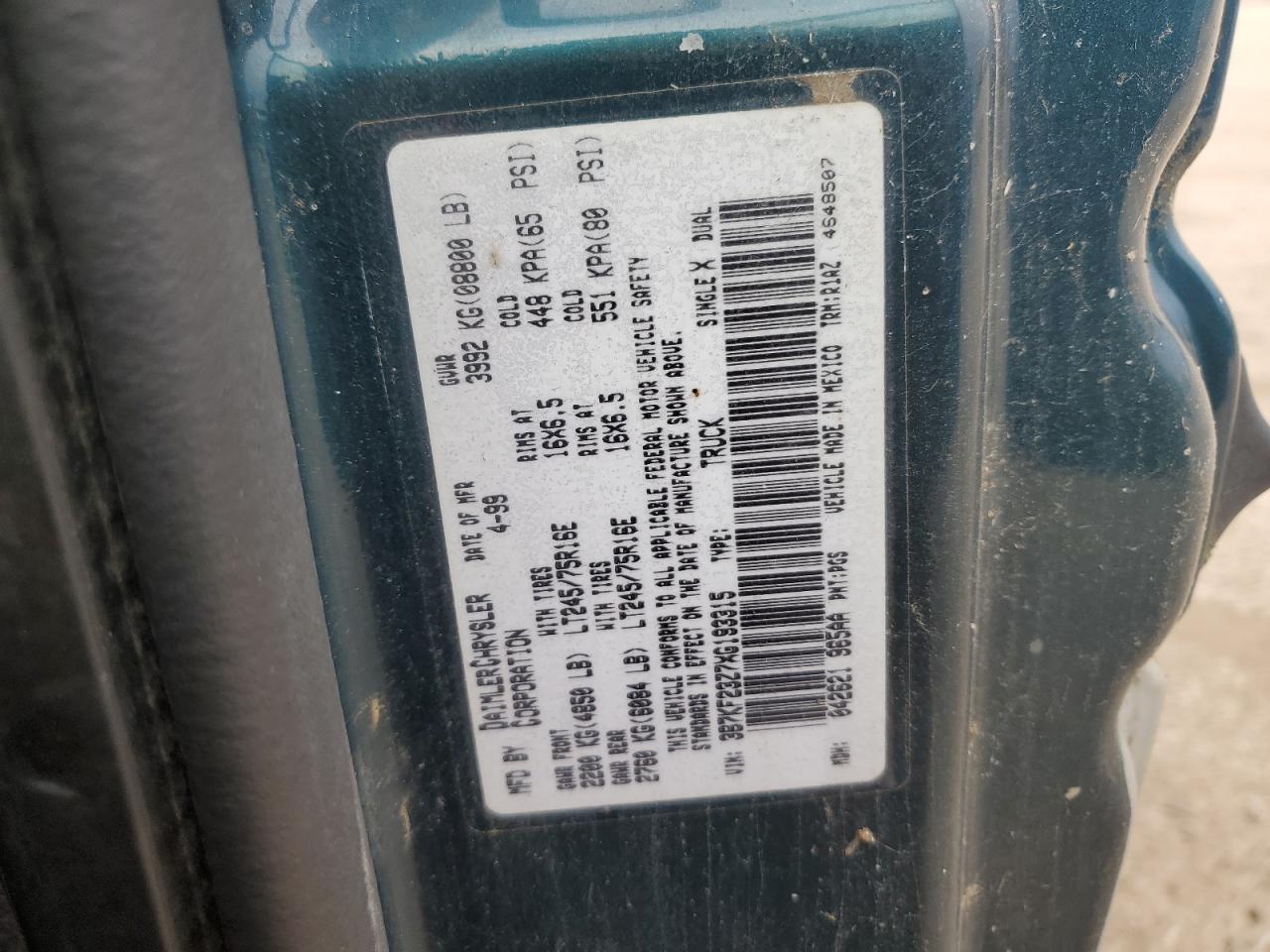 1999 Dodge Ram 2500 VIN: 3B7KF23Z7XG193315 Lot: 61721974