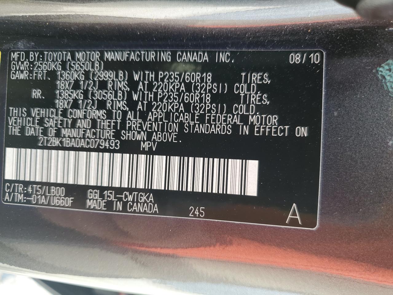 2010 Lexus Rx 350 VIN: 2T2BK1BA0AC079493 Lot: 61948994