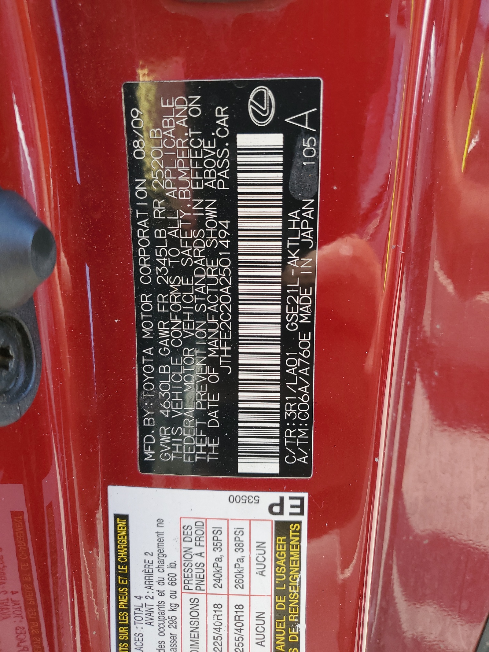 JTHFE2C20A2501494 2010 Lexus Is 350