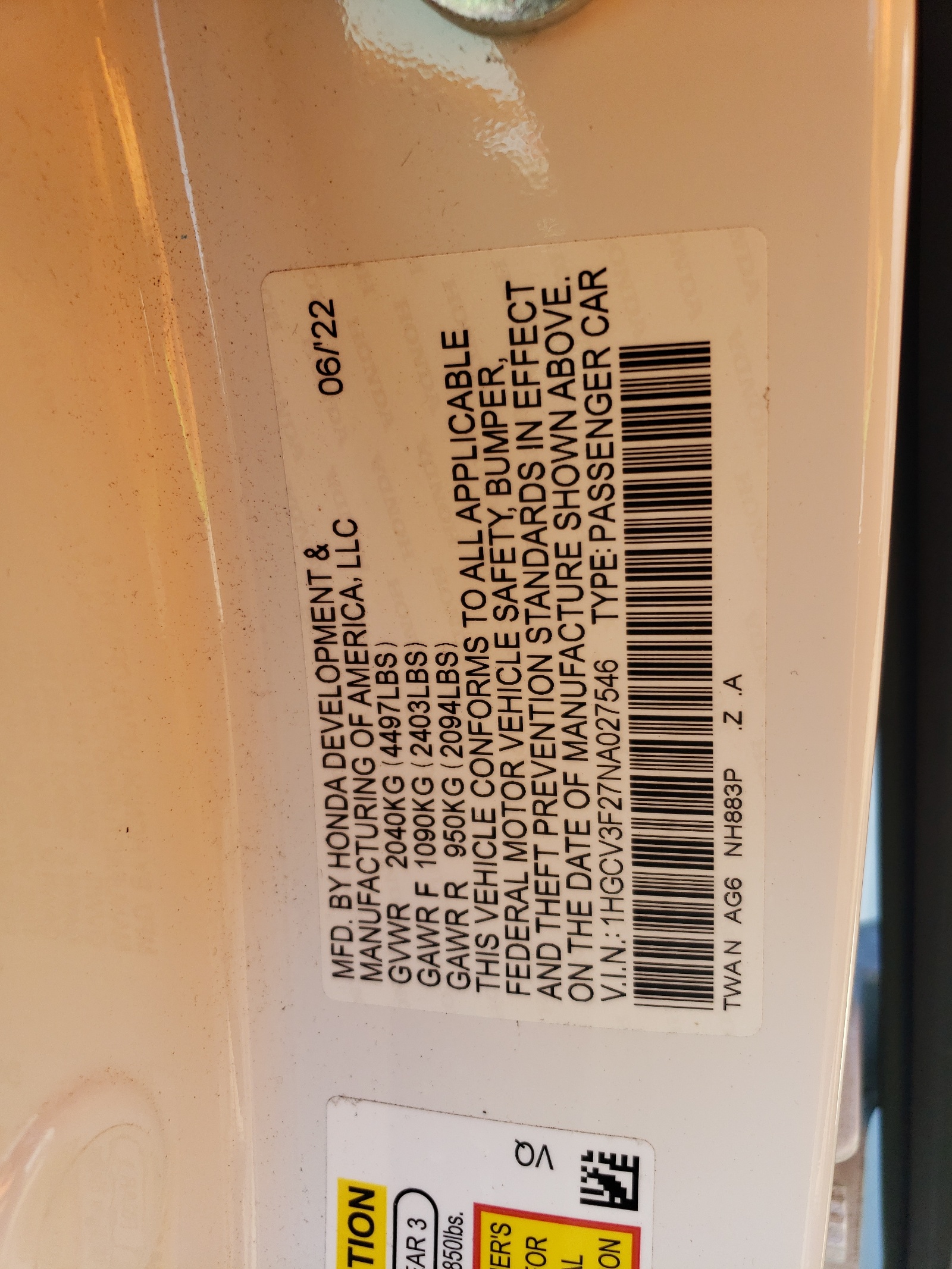 1HGCV3F27NA027546 2022 Honda Accord Hybrid Sport