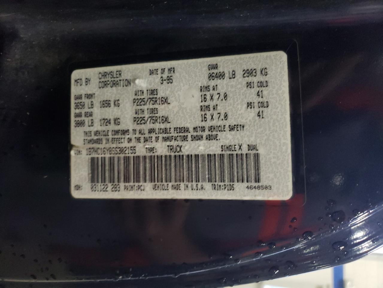 1995 Dodge Ram 1500 VIN: 1B7HC16Y8SS302155 Lot: 62439644