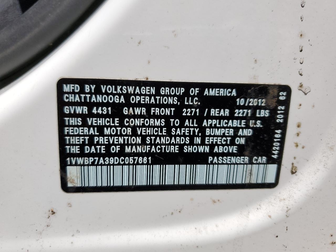 2013 Volkswagen Passat Se VIN: 1VWBP7A39DC057661 Lot: 61738604