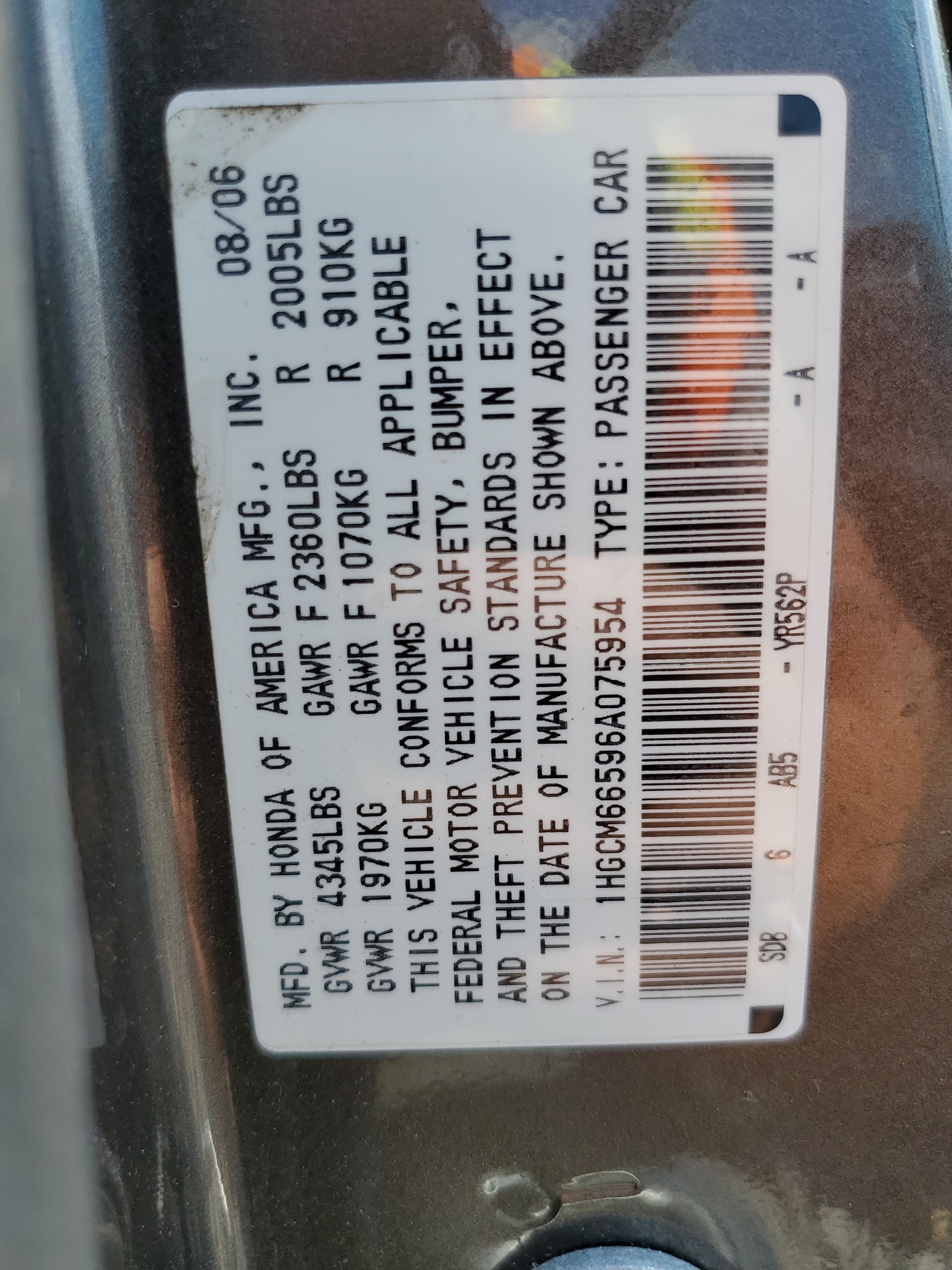 1HGCM66596A075954 2006 Honda Accord Ex