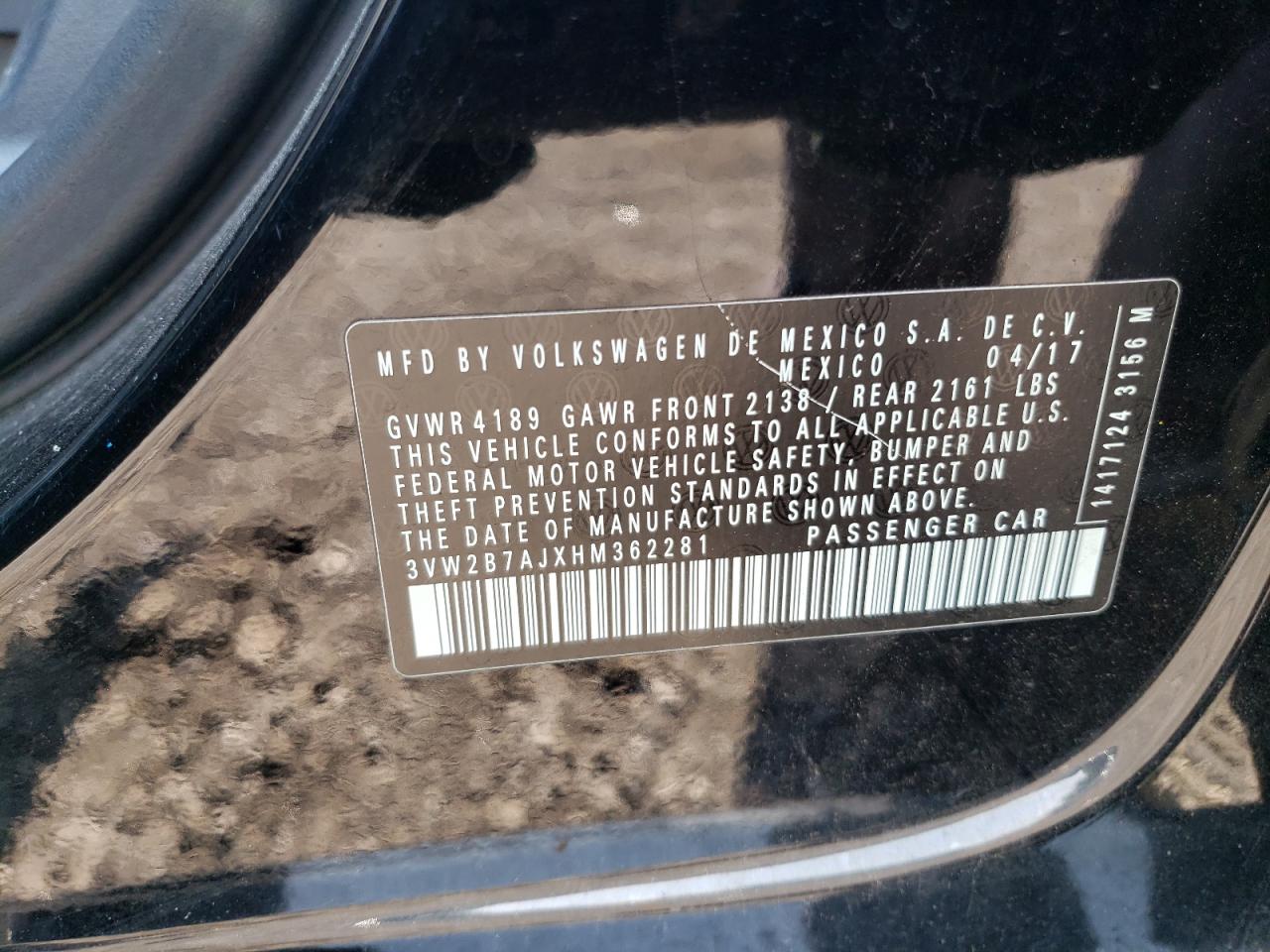 2017 Volkswagen Jetta S VIN: 3VW2B7AJXHM362281 Lot: 63902914