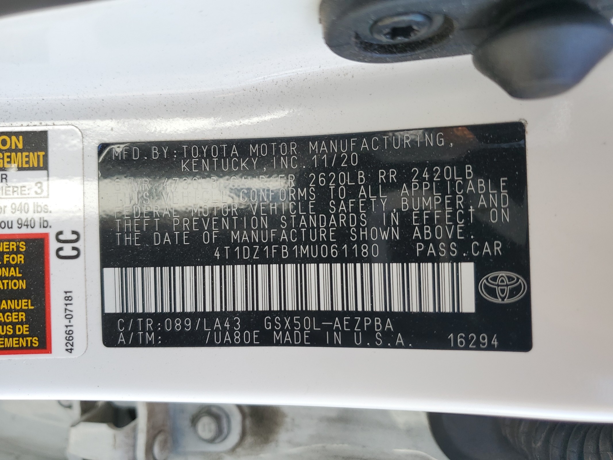 4T1DZ1FB1MU061180 2021 Toyota Avalon Limited