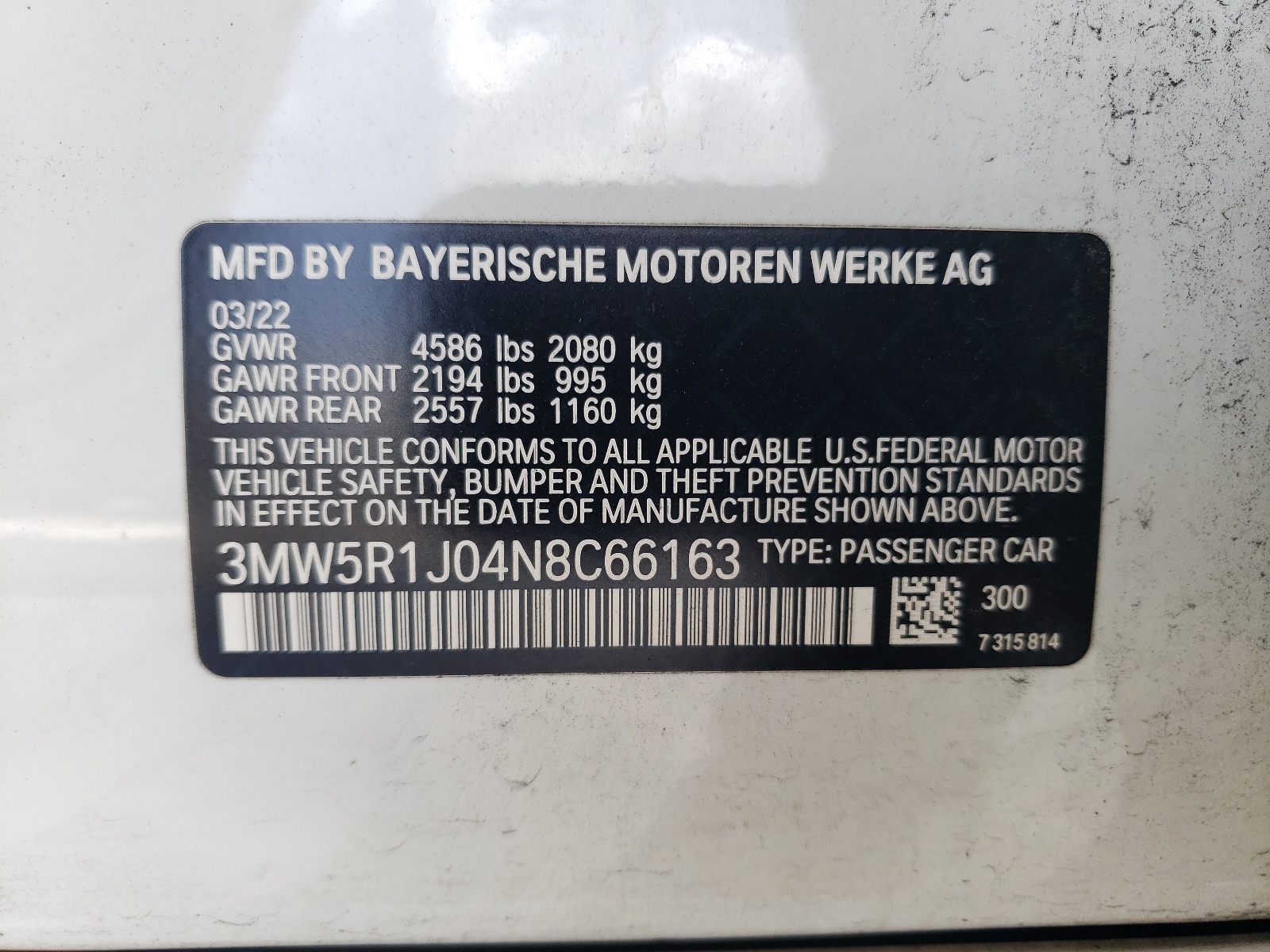 3MW5R1J04N8C66163 2022 BMW 330I