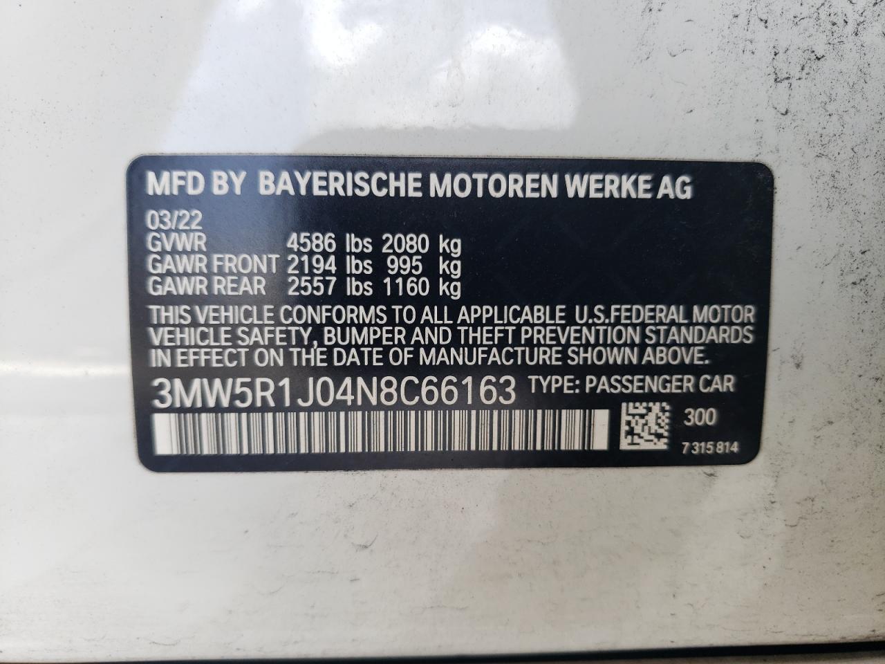 2022 BMW 330I VIN: 3MW5R1J04N8C66163 Lot: 65219344