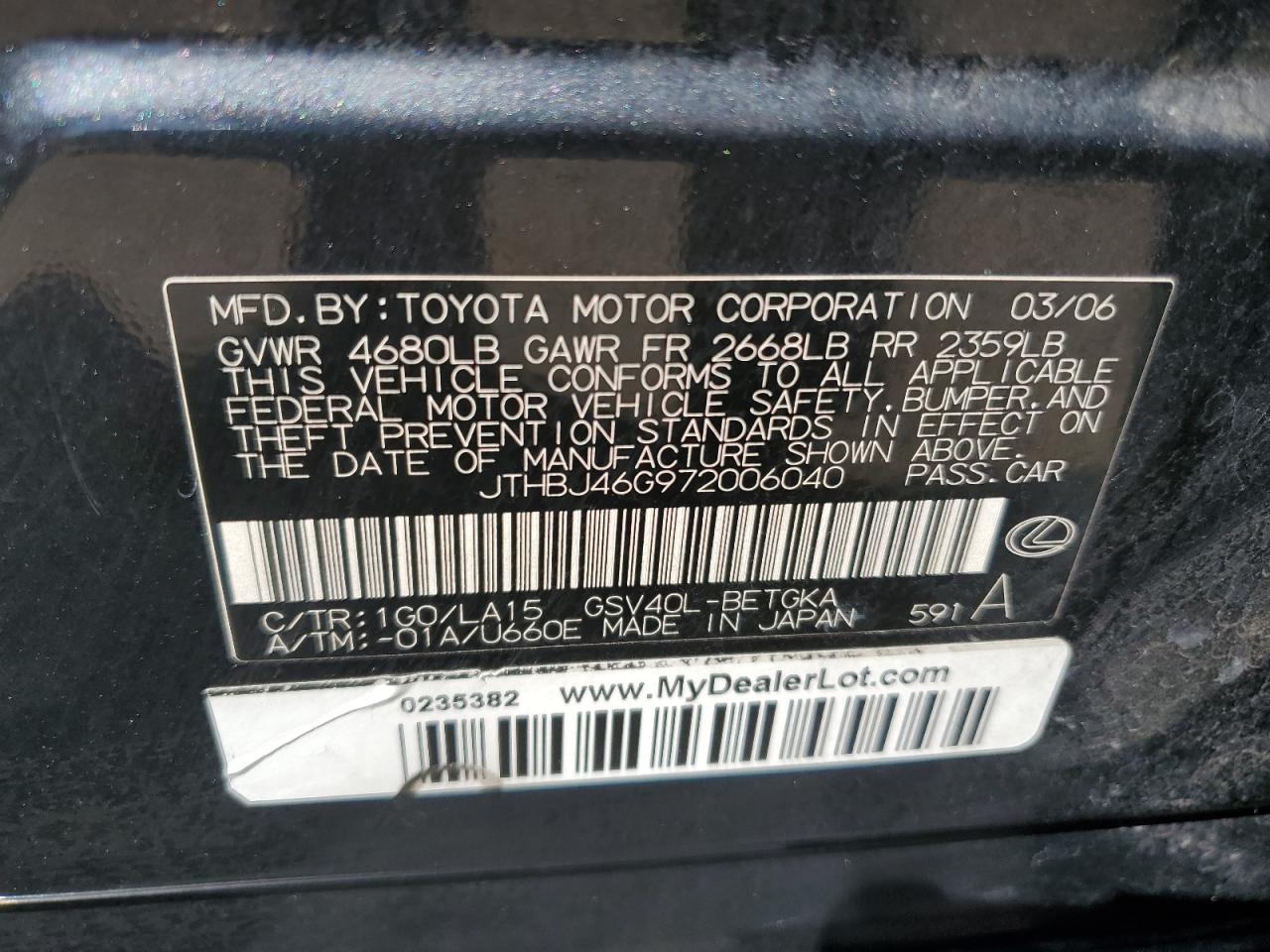 2007 Lexus Es 350 VIN: JTHBJ46G972006040 Lot: 63189854