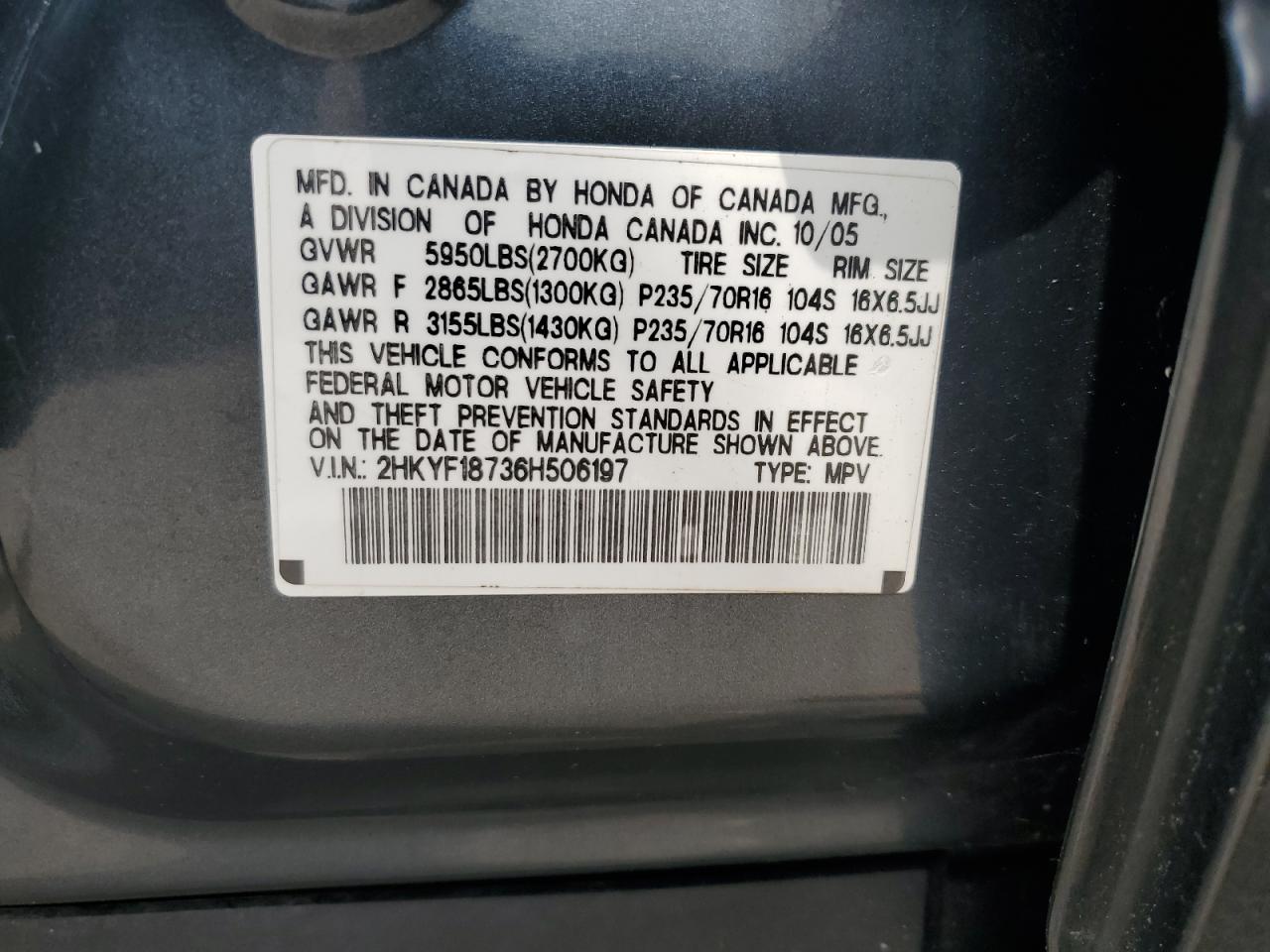 2006 Honda Pilot Ex VIN: 2HKYF18736H506197 Lot: 63973054