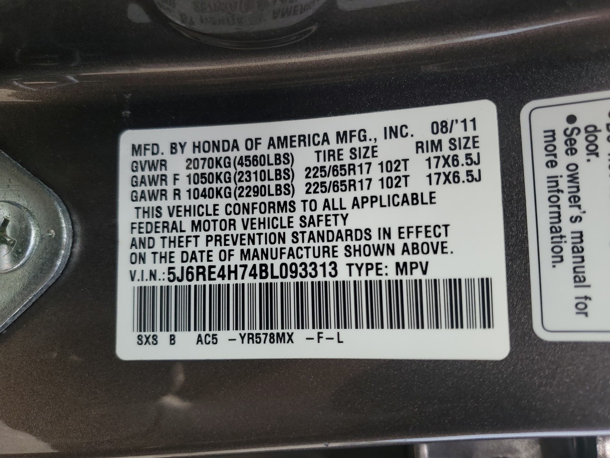 5J6RE4H74BL093313 2011 Honda Cr-V Exl
