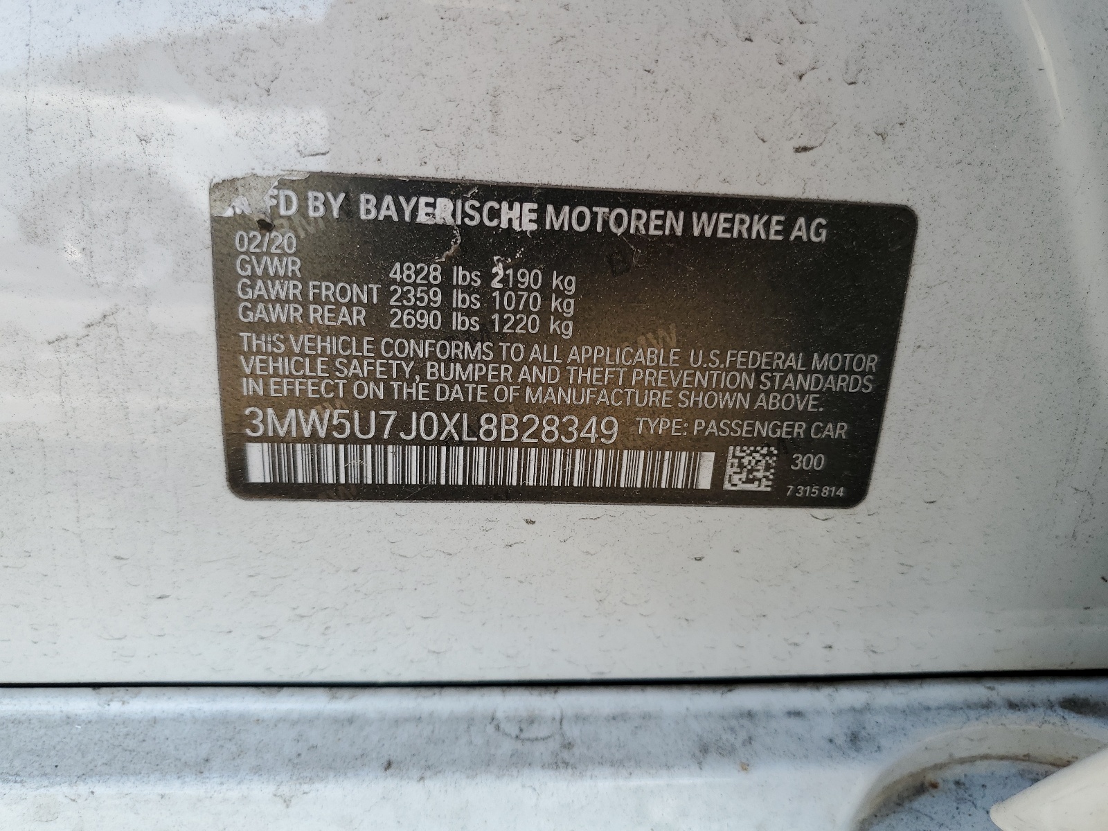 3MW5U7J0XL8B28349 2020 BMW M340I