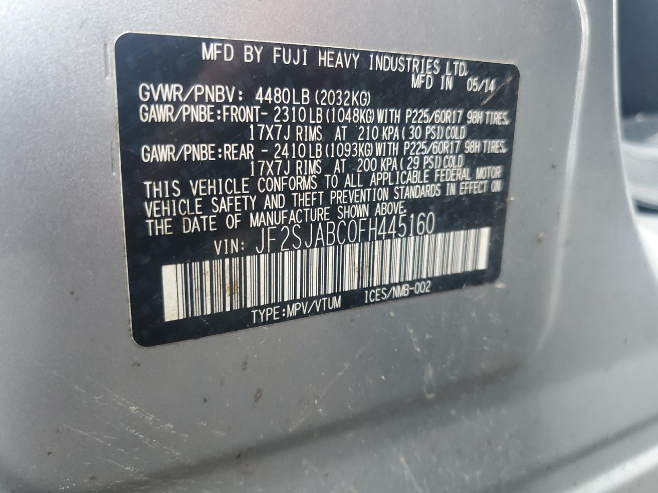 2015 Subaru Forester 2.5I VIN: JF2SJABC0FH445160 Lot: 63170124