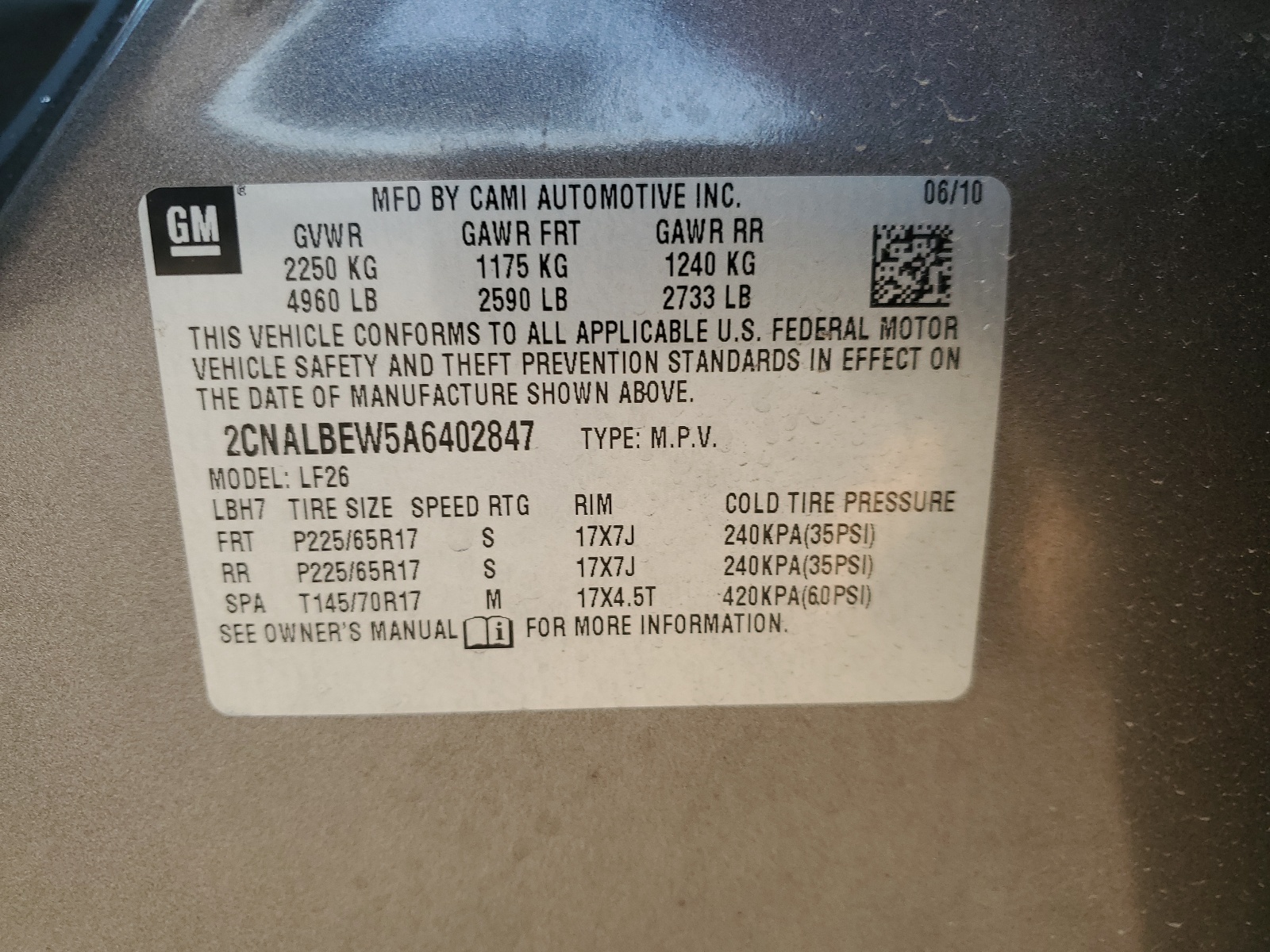 2CNALBEW5A6402847 2010 Chevrolet Equinox Ls