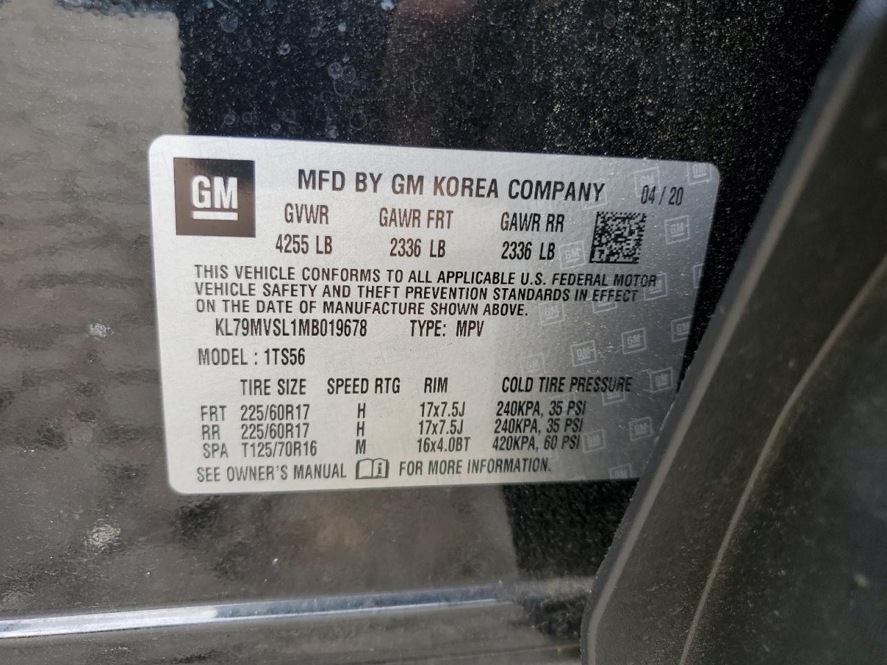 2021 Chevrolet Trailblazer Activ VIN: KL79MVSL1MB019678 Lot: 61692344