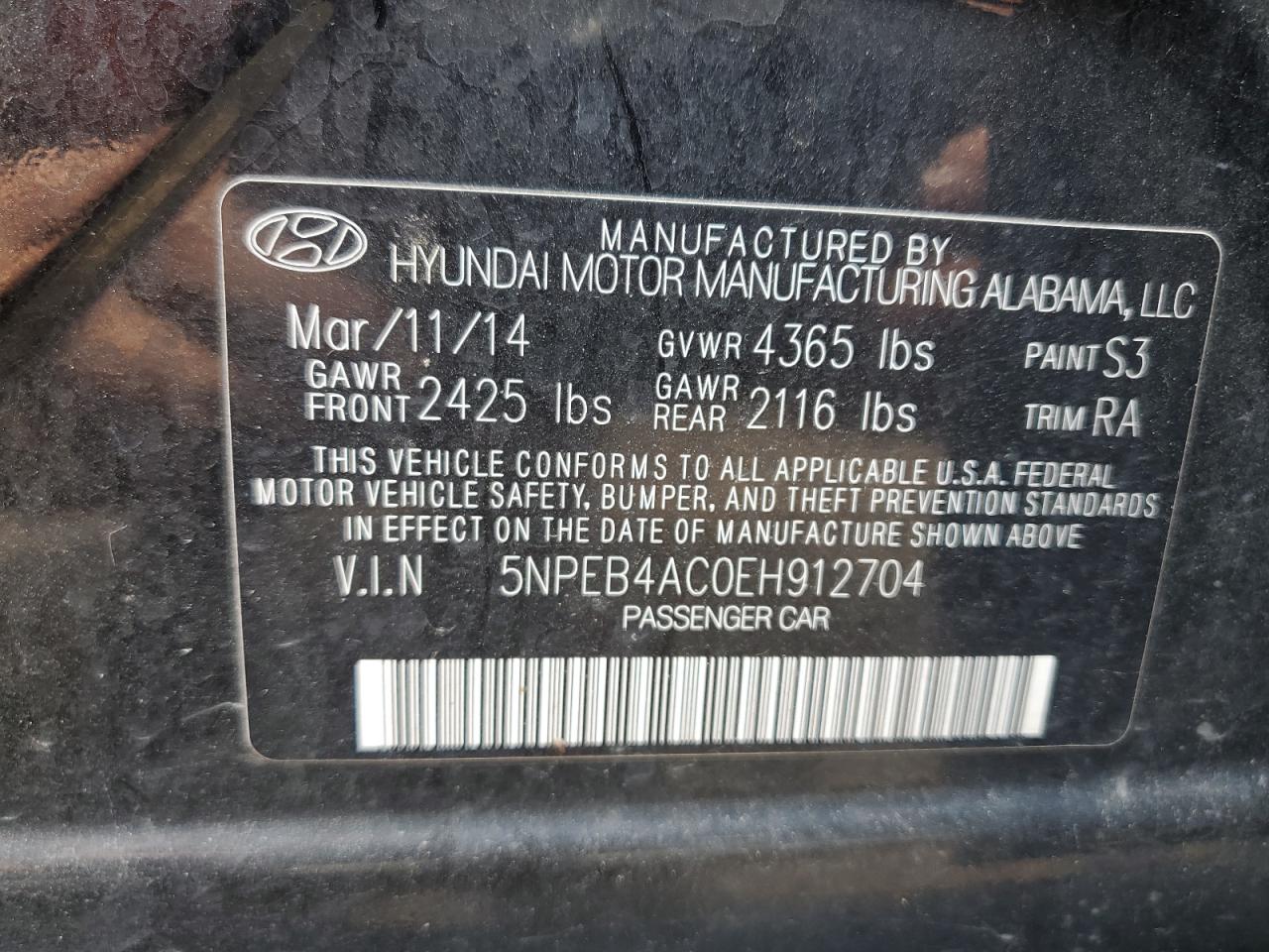 VIN 5NPEB4AC0EH912704 2014 HYUNDAI SONATA no.12