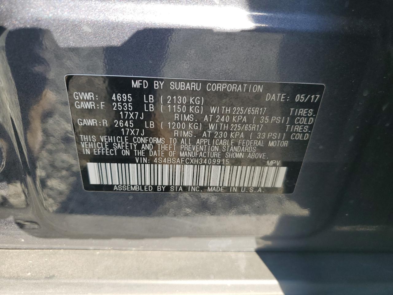 2017 Subaru Outback 2.5I Premium VIN: 4S4BSAFCXH3409915 Lot: 62045354