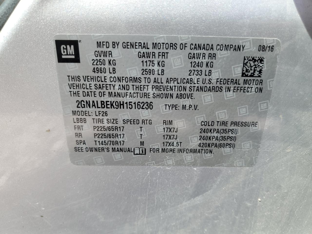 2017 Chevrolet Equinox Ls VIN: 2GNALBEK9H1516236 Lot: 61114684