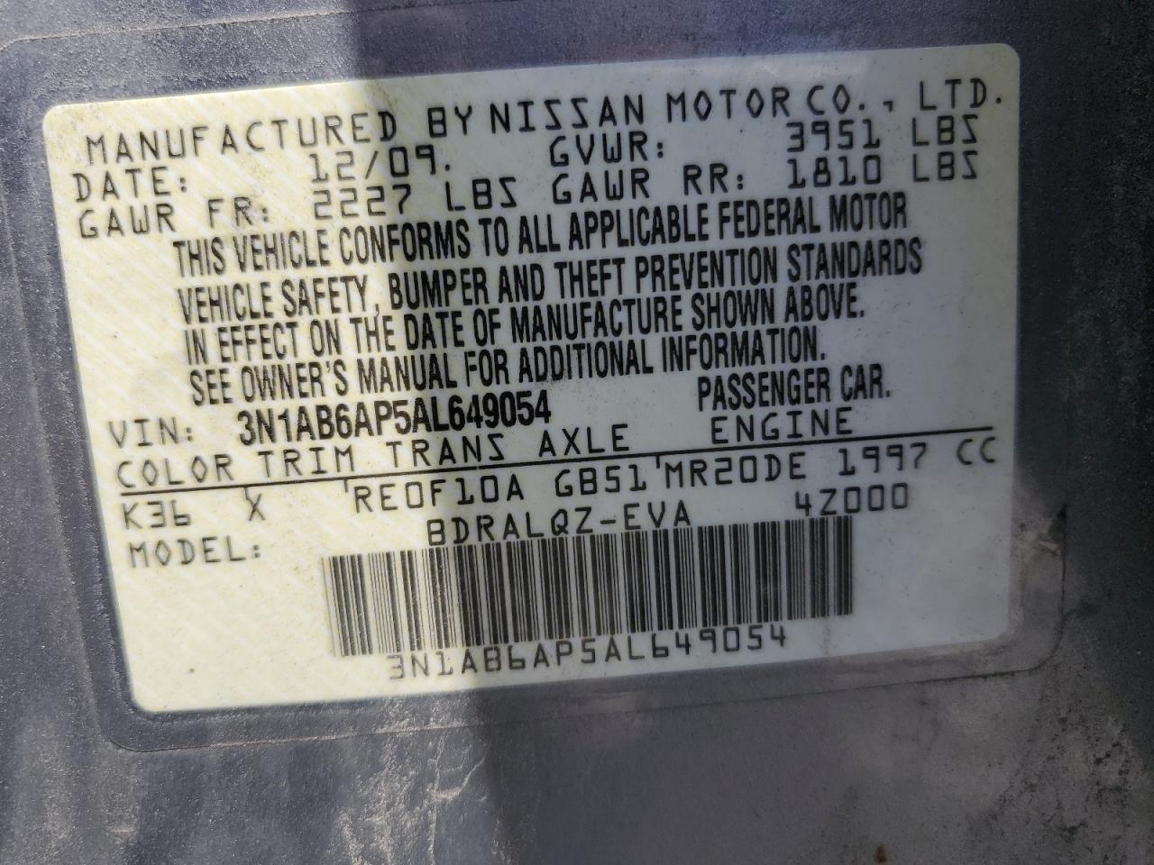 2010 Nissan Sentra 2.0 VIN: 3N1AB6AP5AL649054 Lot: 90094355