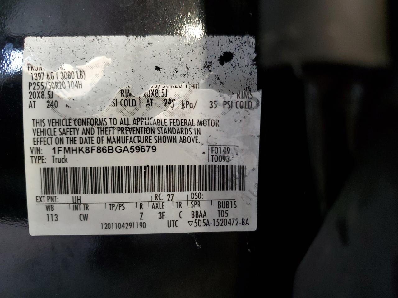 2011 Ford Explorer Limited VIN: 1FMHK8F86BGA59679 Lot: 62478034