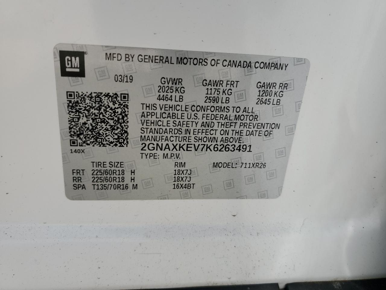 2019 Chevrolet Equinox Lt VIN: 2GNAXKEV7K6263491 Lot: 64418944